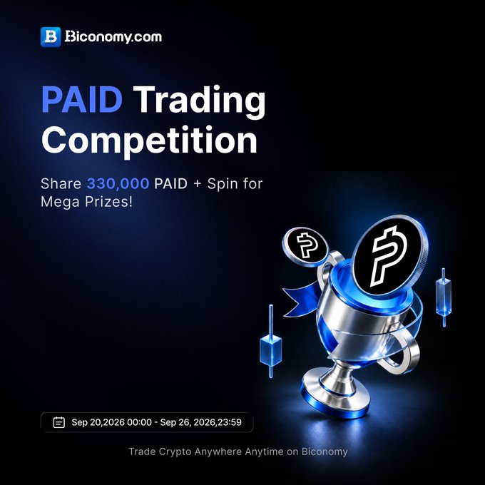 An advertisement for a PAID Trading Competition on Biconomy.com with a prize pool of 330,000 PAID, running from Sep 20, 2026 00:00 to Sep 26, 2026 23:59, featuring a 3D trophy and coin graphics.