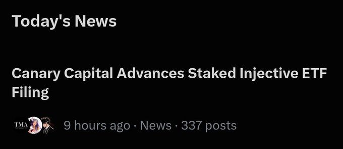 A black screen displays news text reading 'Today's News' and 'Canary Capital Advances Staked Injective ETF Filing' with a timestamp '9 hours ago • News • 337 posts' and a TMA logo.
