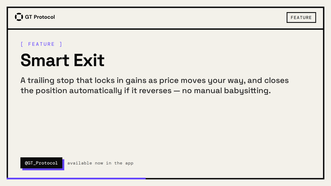 A promotional card from GT Protocol announcing their new "Smart Exit" feature, described as a trailing stop that automatically secures gains and closes positions when prices reverse, eliminating the need for manual monitoring. The card includes the @GT_Protocol handle and notes the feature is "available now in the app."