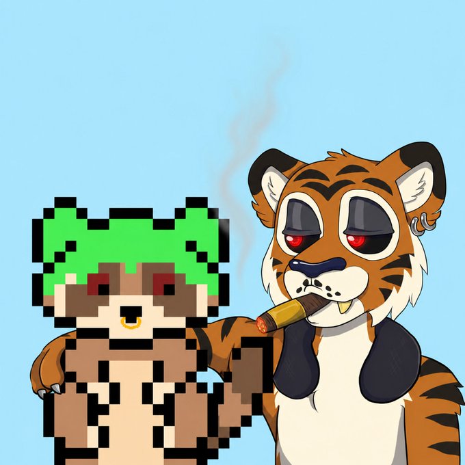 A cartoon tiger with an earring, holding a cigar in its mouth, has its arm around a pixel-art character with green hair.