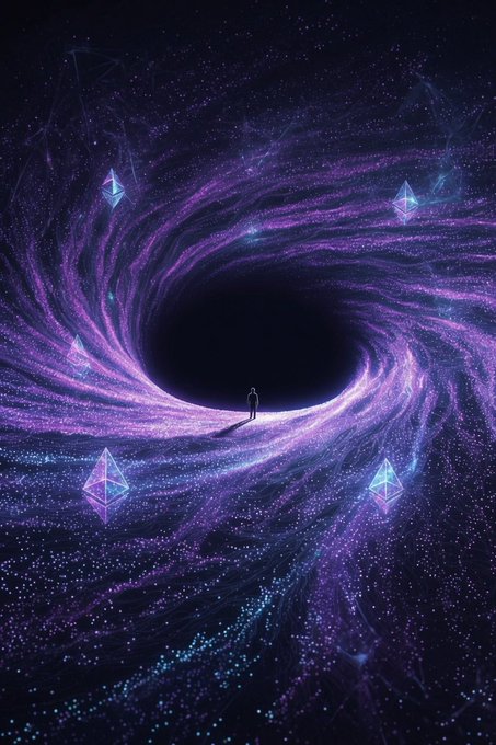 The image features a man standing inside a black hole with purple swirls surrounding him. The background is filled with stars and other celestial objects, creating an immersive space-themed atmosphere. In the bottom right corner of the image, there's a warning about Ethereum mining and how to avoid it by shorting ETH.