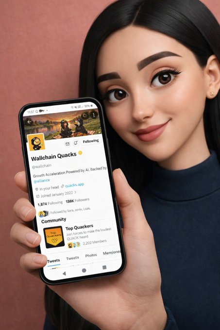 The image features a woman holding up her smartphone displaying a social media app called "Wallchain". The woman appears to be showing off the app or sharing something interesting she found on it. The caption of the image reads, "Gm CT Wallchain is not just about the product what sets it apart is the community that is growing organically Success here is not about the volume of posts, but about consistent presence and genuine engagement By sharing useful content and engaging consistently, you gradually". This message emphasizes the importance of building a strong online community around a social media platform like Wallchain.