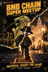 A promotional poster for 'BNB CHAIN SUPER MEETUP NEOSOUL OPENED THE DOOR' dated 1 OCT showing a bear character and a figure standing before a lit building.