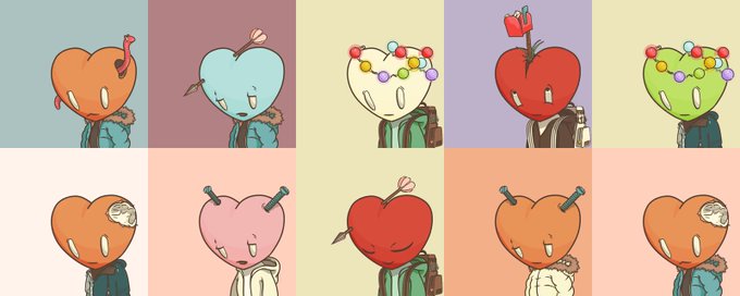 A grid of ten cartoon heart-headed characters in various colors and outfits, some with arrows, bullets, or flowers in their heads, set against pastel backgrounds.