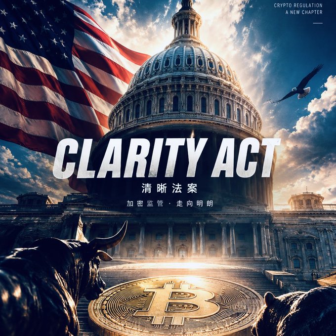 A dramatic digital poster featuring the U.S. Capitol dome with an American flag and a Bitcoin coin, with large text reading 'CLARITY ACT' and Chinese text '清晰法案' (Clarity Act) and '加密监管·走向明朗' (Crypto Regulation, A New Chapter).