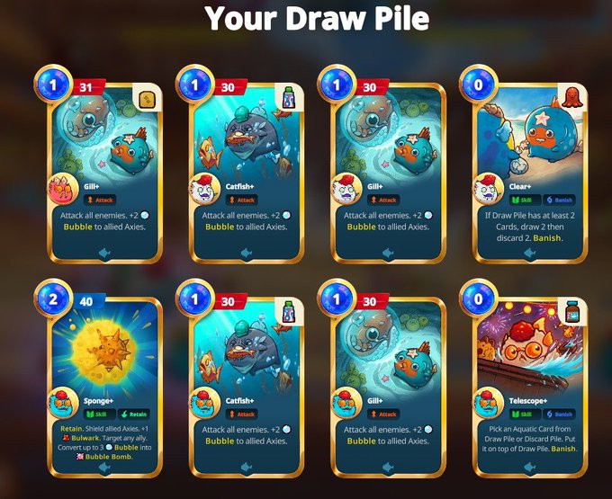 A screenshot of an Axie Infinity Origins "Your Draw Pile" showing eight cards including three "Gill+" cards, three "Catfish+" cards, one "Clear+" card, one "Sponge+" card, and one "Telescope+" card, with visible numbers like 31, 30, 40, and zero-cost options displayed. The image relates to the post by showcasing a frustrating draw hand where RNG has provided multiple duplicate cards (like the three "Gill+" cards) instead of the specific card combinations needed for an optimal play.