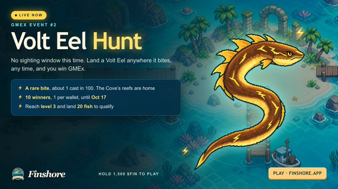 Promotional banner for 'Volt Eel Hunt' GMEX Event #2 at Finshore, featuring a stylized electric eel and noting 'A rare bite, about 1 cast in 100. The Cove's reefs are home' with details about 10 winners and level 3 requirements.