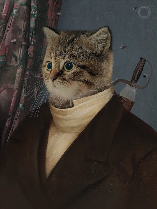A whimsical portrait depicts a tabby kitten with a human body, wearing a dark 19th-century style coat, high collar, and cravat, set against a curtain backdrop with flies buzzing around.