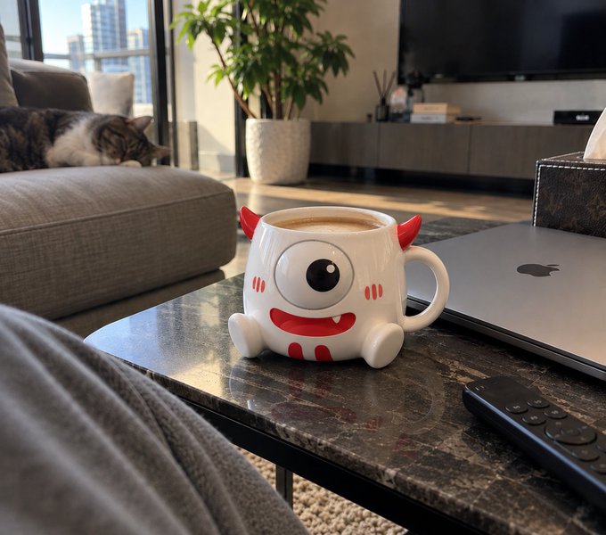 A whimsical one-eyed monster mug filled with coffee sits on a marble table beside a MacBook, with a cat lounging on a gray sofa in the background of a modern apartment living room. The playful mug, referred to as "TRON Bull," fits the post's lighthearted tone of trading charts for a quiet afternoon coffee ritual.
