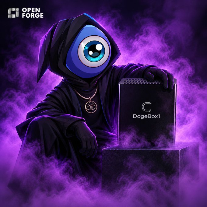 A hooded figure with a single large blue eye and an "all-seeing eye" pendant kneels beside a glowing "DogeBox1" NFT device amid swirling purple smoke, with "OPEN FORGE" branding in the corner. The mystical artwork ties into the post's promotion of DogeBox1's NFT and batch 2 selling out, reinforcing the mystical "cyops" branding tied to the $CYS ecosystem.