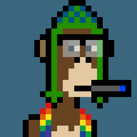A pixel art illustration of a brown ape-like character wearing a green headset, an eyepatch, and a rainbow-colored outfit while holding a cigar.
