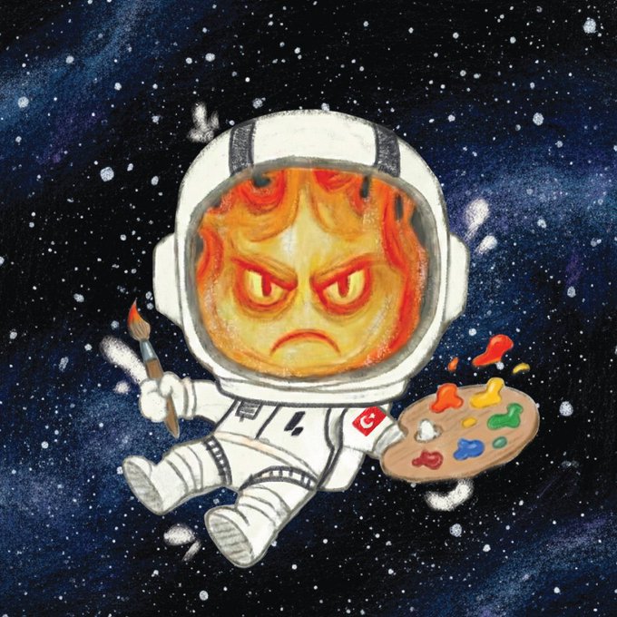 A cartoon astronaut with a fiery, grumpy face floats through a starry space background, holding a paintbrush and palette. A small Canadian flag patch on the suit, along with the reference to @fuegonft, ties the illustration to the mint collection celebration, symbolizing the creative "fire" and pride behind the successful project.