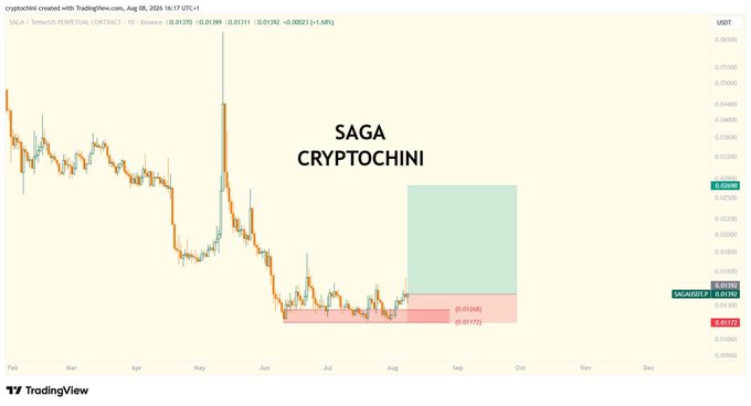 A TradingView chart for 'SAGA / TetherUS' displaying a significant downtrend, with a green and red Fibonacci projection zone and the text 'SAGA CRYPTOCHINI' overlaid.