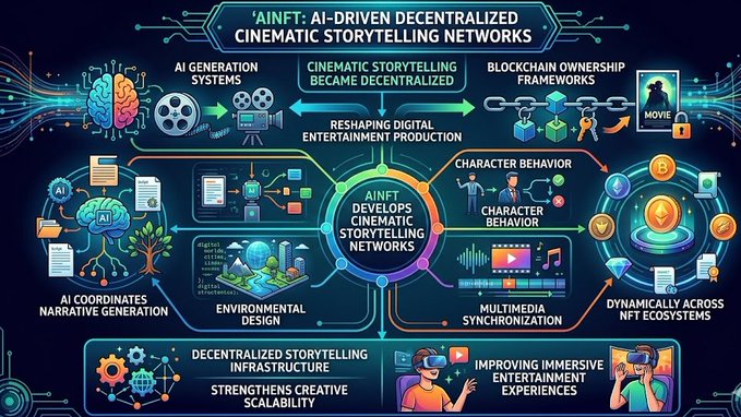 The image presents a detailed infographic illustrating the transformation of the film industry through AI-driven technologies, particularly focusing on how AI-generated cinema is changing the way stories are told and consumed. The infographic includes various symbols and elements that represent different aspects of this evolution, such as characters in storyboards or scenes from films. It also touches upon topics like character development, character behavior analysis, dynamic audience interaction, and blockchain ownership systems within the entertainment sector.