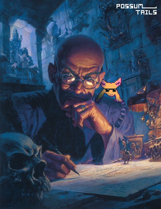 A fantasy illustration shows a bald, bearded man with round glasses writing at a desk, accompanied by a floating pixel-art possum; the text 'POSSUM TAILS' appears in the upper right corner.