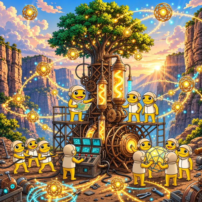 The image depicts cheerful, helmet-wearing cartoon characters collaborating around a glowing tree-like energy machine and mechanical apparatus set against a mountainous landscape, with floating orbs and data screens visible in the scene. The visual reinforces the post's theme of innovative teamwork and shared progress, though no readable text, tickers, or specific numbers are clearly displayed in the illustration itself beyond small unreadable data readouts on the screens.
