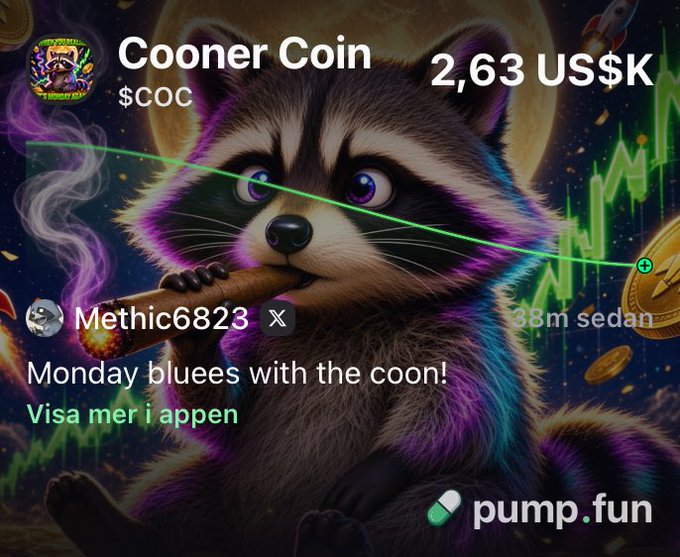 A promotional graphic for 'Cooner Coin $COC' shows a raccoon smoking a cigar against a neon space background, displaying a price of '2,63 US$K', the handle 'Methic6823', the text 'Monday bluees with the coon!', and a 'pump.fun' logo.