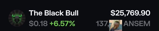 A crypto tracking screenshot showing 'The Black Bull' at $25,769.90, $0.18 +6.57%, with 137,... and the name 'ANSEM' visible.