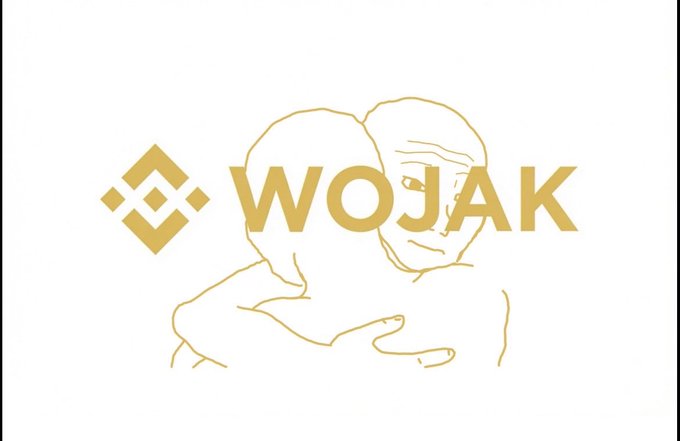The image features a white background with a gold logo that reads "WOJAK" written in black letters. Below this, there's an illustration of two people embracing each other. The text "oh hell yeah $WOJAK on eth to billions" is also present in the image.