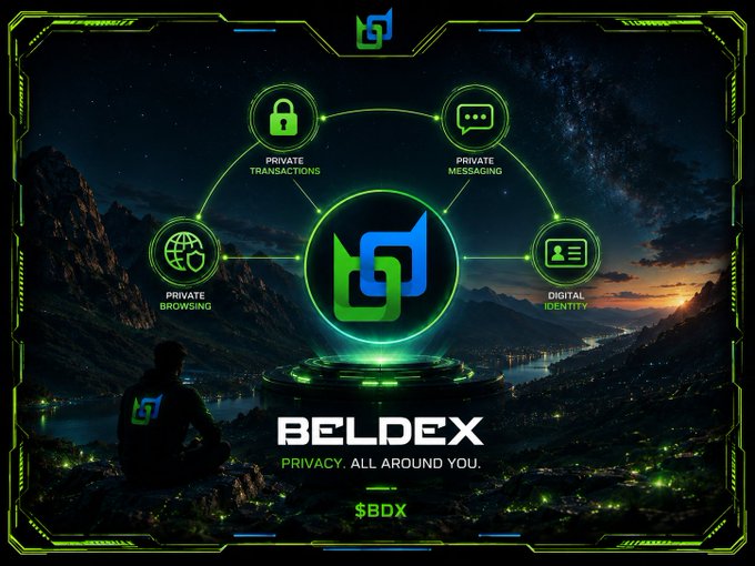 A promotional graphic for 'BELDEX' ($BDX) cryptocurrency featuring a glowing green central logo connected to icons for private transactions, private messaging, private browsing, and digital identity, with the tagline 'PRIVACY. ALL AROUND YOU.'