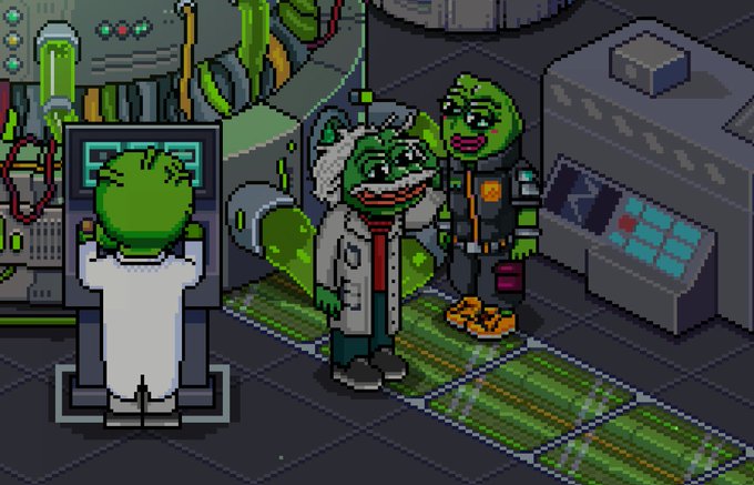 This pixel art image depicts three Pepe the Frog characters in what appears to be a sci-fi or laboratory setting, with one Pepe standing inside a chamber, another wearing a white lab coat, and a third in a black jacket. The scene humorously aligns with the caption "That's one smart fren right there" by portraying the frog characters as intelligent figures engaged in scientific experimentation.