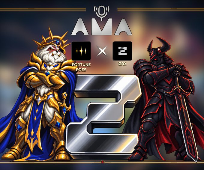 A promotional graphic announces the “AMA” with **Fortune Foes** and **ZAX**/ZAXIANS, featuring ornate armored fantasy characters and a large “2” between their logos. It relates to the upcoming Discord AMA on **Sep 4 at 7 PM UTC**, focused on the project’s history, future, and community questions.