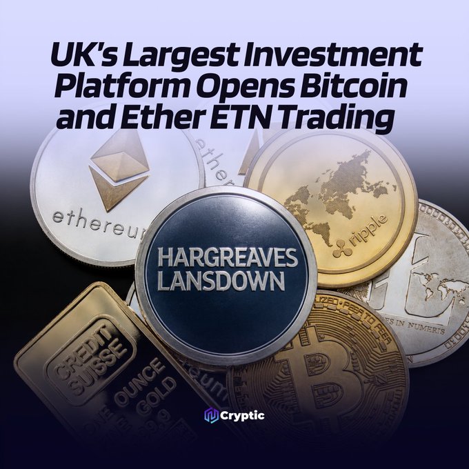 A promotional graphic announces that the UK's largest investment platform, Hargreaves Lansdown, has opened Bitcoin and Ether ETN trading, featuring a branded coin surrounded by physical representations of Ethereum, Ripple, Litecoin, Bitcoin, and a Credit Suisse gold bar.