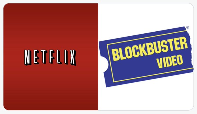 The image shows a split logo featuring "NETFLIX" on a red background beside "BLOCKBUSTER VIDEO" on a blue ticket design. 

This Netflix vs. Blockbuster imagery illustrates a cautionary analogy: just as Blockbuster dismissed Netflix's DVD-by-mail model and ultimately went bankrupt, dismissing XRP's role or potential in relation to Bitcoin (BTC) could prove to be a costly oversight.