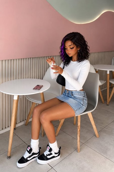 A young woman with curly hair featuring purple highlights sits in a modern cafe, wearing a white long-sleeve top, denim skirt, and black and white Vans sneakers, while looking at her phone.