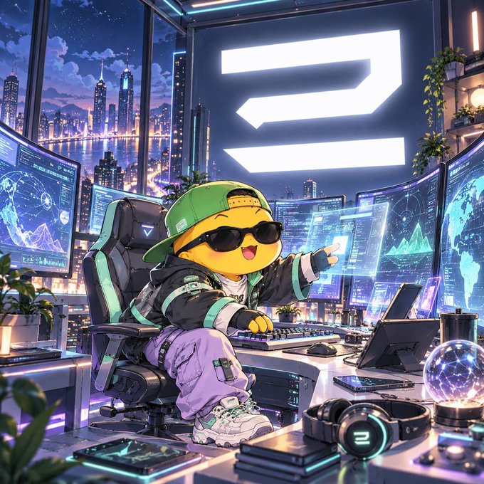 Digital illustration of a yellow smiley-face character wearing a green cap and sunglasses, sitting at a high-tech computer setup with multiple screens displaying data, set against a nighttime city skyline with a large white '2' logo on the back wall.