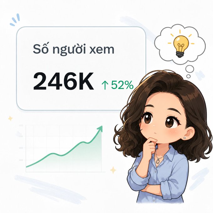 A cartoon-style graphic featuring an illustration of a woman thinking, alongside the Vietnamese text 'Số người xem 246K ↑52%' (Number of viewers 246K up 52%) with a rising line graph.