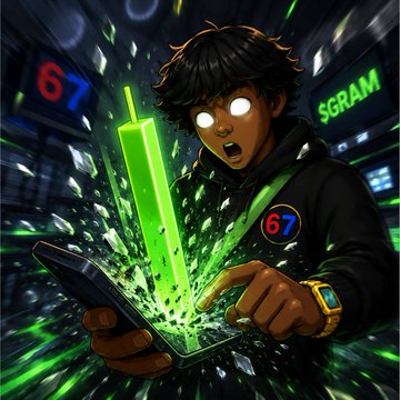 An animated character with glowing white eyes and a "67" emblem on their hoodie strikes a green sword-like energy beam from a smartphone amid shattered glass, while "SGRAM" and "67" text flashes in the background—visually mirroring the post's celebration of the @sixsevenapp hitting a new all-time high (ATH) with explosive momentum.