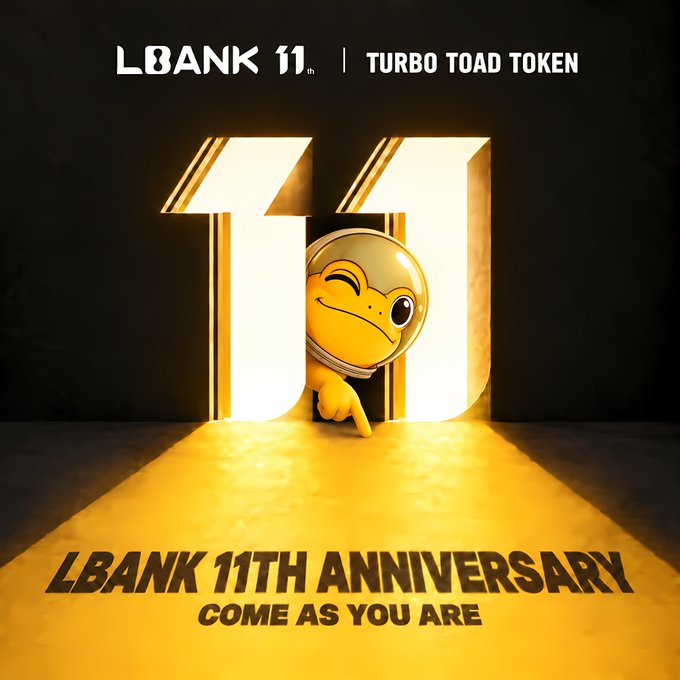 A promotional graphic for LBank's 11th Anniversary featuring a cartoon toad in a spacesuit emerging from a large golden '11', with text 'LBANK 11th | TURBO TOAD TOKEN' and 'COME AS YOU ARE'.