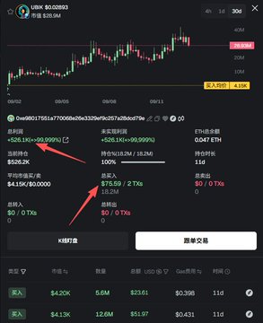 A cryptocurrency tracking app showing a price chart for UBIX with red arrows pointing to the total supply and liquidity values.