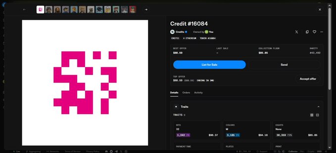 Screenshot of a DigitalArt marketplace listing for "Credit #16084" showing a pink pixelated art piece with stats including 22 BITS, M rarity tier, and a collection floor of $86.86, with the user having just purchased it according to the accompanying post.