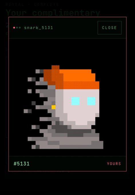A digital reveal of NFT #5131 from user snark_5131 featuring a pixel-art portrait of a hooded figure with glowing cyan eyes dissolving into gray fragments on the left side, with "Your complimentary" text visible at the top.
