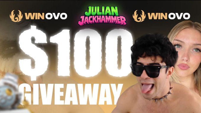 The image shows a poster for a contest that involves two people, one male wearing sunglasses and the other female with short blonde hair. The male has his tongue sticking out playfully as if he's making a joke. In the background of the poster, there are logos representing Winovo, Julian Jackhammer, and Winston Ovo. A text box provides information about the contest, indicating that it is a $100 giveaway, giving one lucky winner a chance to participate by following @JulianJackhamer or @winovocasino.