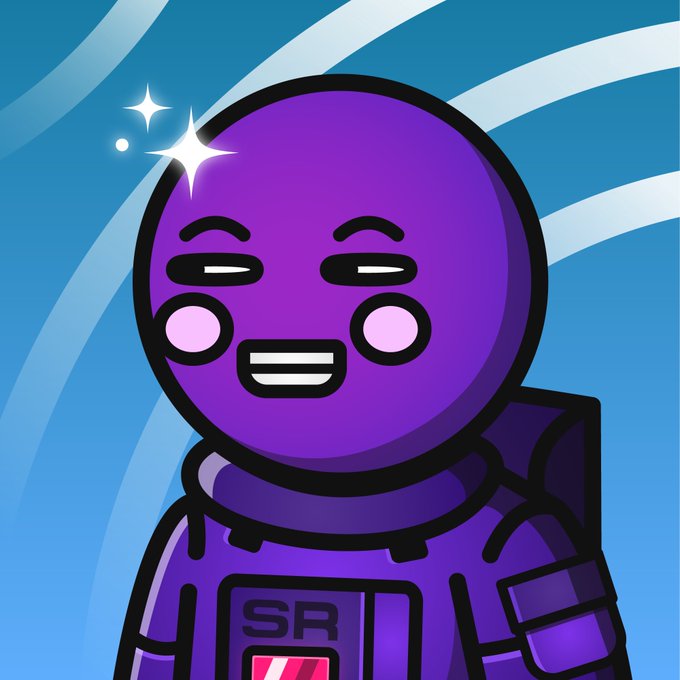A purple cartoon astronaut character smiles with closed eyes and rosy cheeks, wearing a suit with "SR" on the chest against a blue background with white streaks.