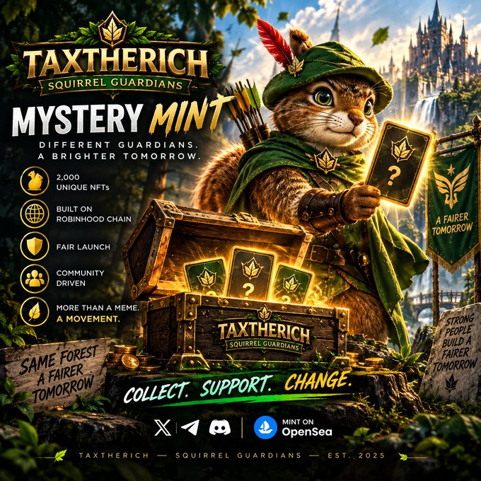 NFT promotional poster for 'Taxtherich Squirrel Guardians Mystery Mint' featuring a fantasy squirrel archer character, with text about 2,000 unique NFTs built on Robinhood Chain, available on OpenSea.