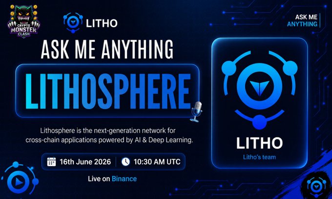 The image features a poster for an event related to Bitcoin Square. The poster includes a blue background with white text that reads "Ask Me Anything Lithosphere" and "Litho team". There are also two small images of people on the poster, one in front of a laptop and another behind it. The event is scheduled for Saturday, June 16th at 10:30 AM UTC, and there's an opportunity to join a Bitcoin Square AMA with LITHOSPHERE JUNE. The post encourages attendees to follow @MonsterClashX & @Lithofoundation Like, Repost and comment their questions.