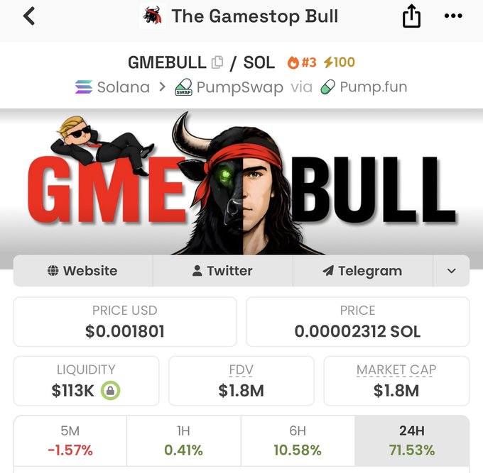 A screenshot of the $GMEBULL token trading page on PumpSwap via Pump.fun shows a price of $0.001801 (0.00002312 SOL) with a market cap of $1.8M and a 24H surge of 71.53%. The image reinforces the post's claim that $GMEBULL is the "chosen one" by displaying its strong recent performance, positioning it as a worthy listing candidate for Kraken.