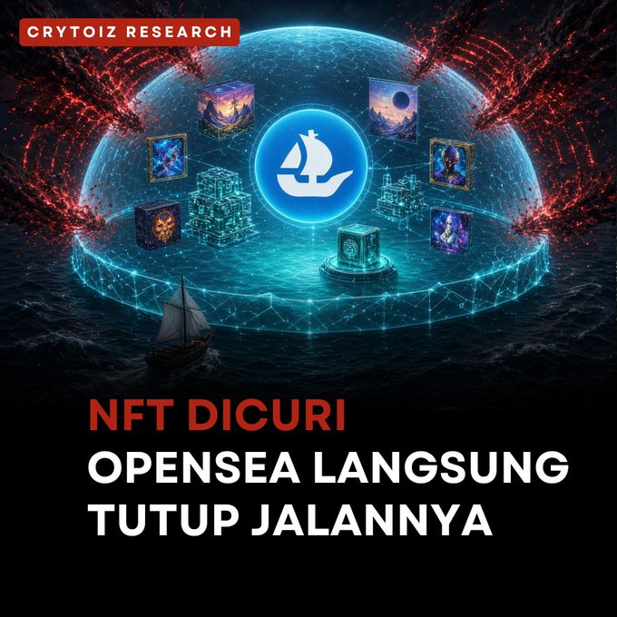 A Cryptoiz Research graphic showing an OpenSea logo surrounded by NFTs and treasure chests, with Indonesian text reading 'NFT DICURI OPENSEA LANGSUNG TUTUP JALANNYA'.