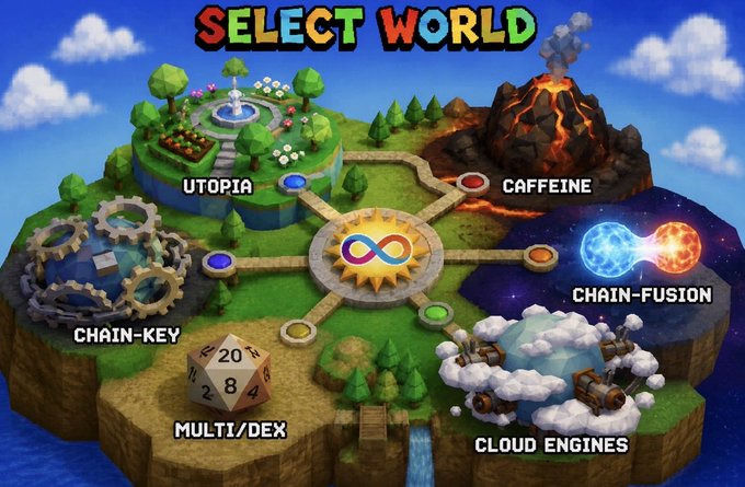 A video game-style 'SELECT WORLD' map screen showing various themed islands named UTOPIA, CAFFEINE, CHAIN-FUSION, CLOUD ENGINES, MULTI/DEX, and CHAIN-KEY, connected by paths around a central infinity symbol.