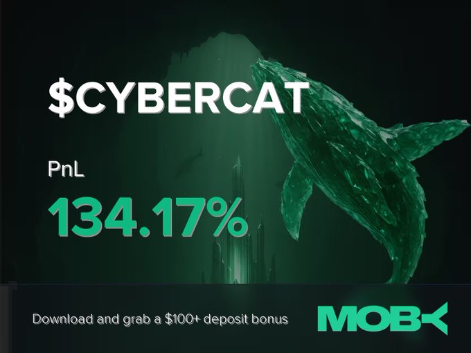 A promotional graphic for Moby displays "$CYBERCAT" with a striking green PnL figure of 134.17%, accompanied by an underwater scene featuring a whale shark silhouette and the call-to-action "Download and grab a $100+ deposit bonus." The bold statistics directly highlight the trader's impressive win alert, reinforcing Moby's mobile trading success story.