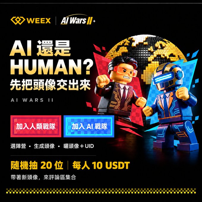 Promotional graphic for 'WEEK AI Wars II' featuring two Lego-style figures—one human and one robot—with Chinese text asking 'AI 還是 HUMAN?' and offering a 10 USDT reward.