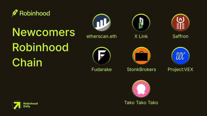 A graphic titled 'Newcomers Robinhood Chain' displays seven cryptocurrency token icons including etherscan.eth, X Link, Saffron, Fudarake, StonkBrokers, ProjectVEX, and Tako Tako Tako.