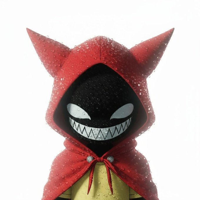 A dark, shadowy figure wearing a red hooded raincoat with pointed ears and a wide menacing toothy grin, covered in water droplets.