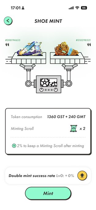 Shoe Mint app interface displaying two digital shoes being minted on a pixel-art machine, costing 1360 GST + 240 GMT tokens and 2 Minting Scrolls, with a Double mint success rate of 0% and a Mint button at the bottom.