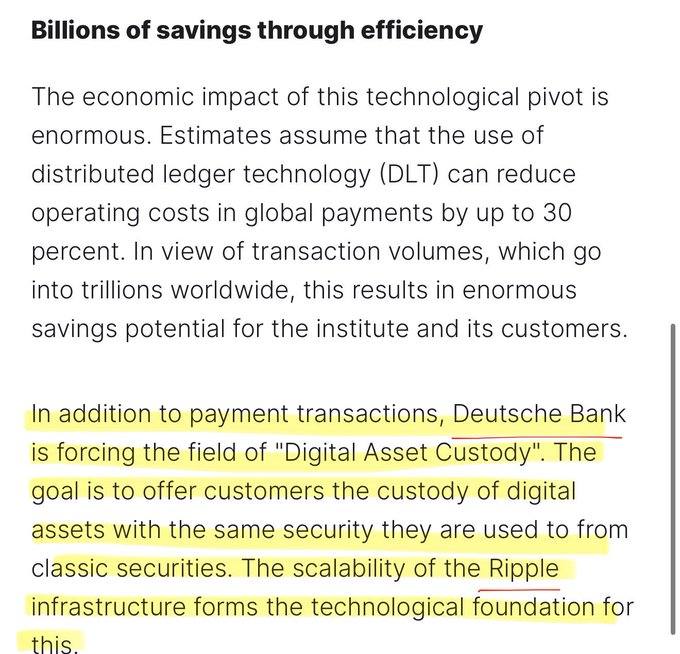 The image shows an excerpt titled "Billions of savings through efficiency" discussing how distributed ledger technology (DLT) can reduce global payment operating costs by up to 30 percent, with a highlighted passage noting that Deutsche Bank is advancing "Digital Asset Custody" using Ripple's scalable infrastructure to offer digital asset custody with the same security as classic securities. This aligns with the accompanying post's documentation of Ripple/XRP connections within Project Pontes DLT operators, specifically highlighting Deutsche Bank's partnership with Ripple's infrastructure.