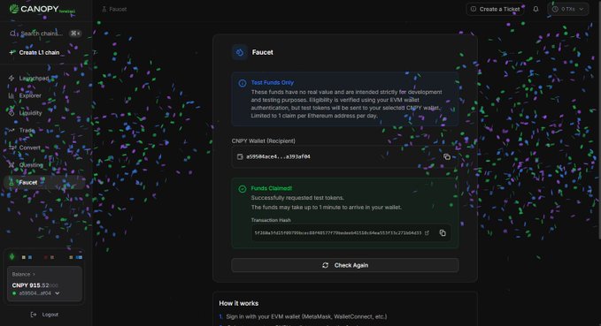A screenshot of the Canopy interface showing a successful test funds claim on a 'Faucet' page, displaying a CNPY wallet balance of 918.32 and a transaction hash.